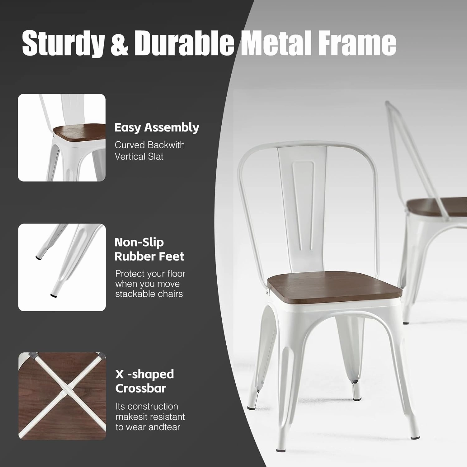White Metal Dining Chairs Set of 2 with Wooden Seat Iron Stackable Industrial Tolix Style Outdoor Farmhouse Kitchen Cafe Arctic White Color