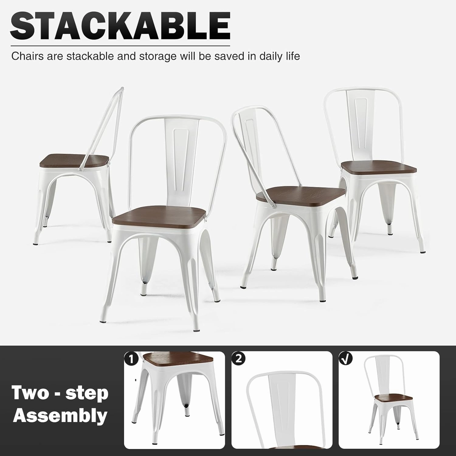 White Metal Dining Chairs Set of 2 with Wooden Seat Iron Stackable Industrial Tolix Style Outdoor Farmhouse Kitchen Cafe Arctic White Color