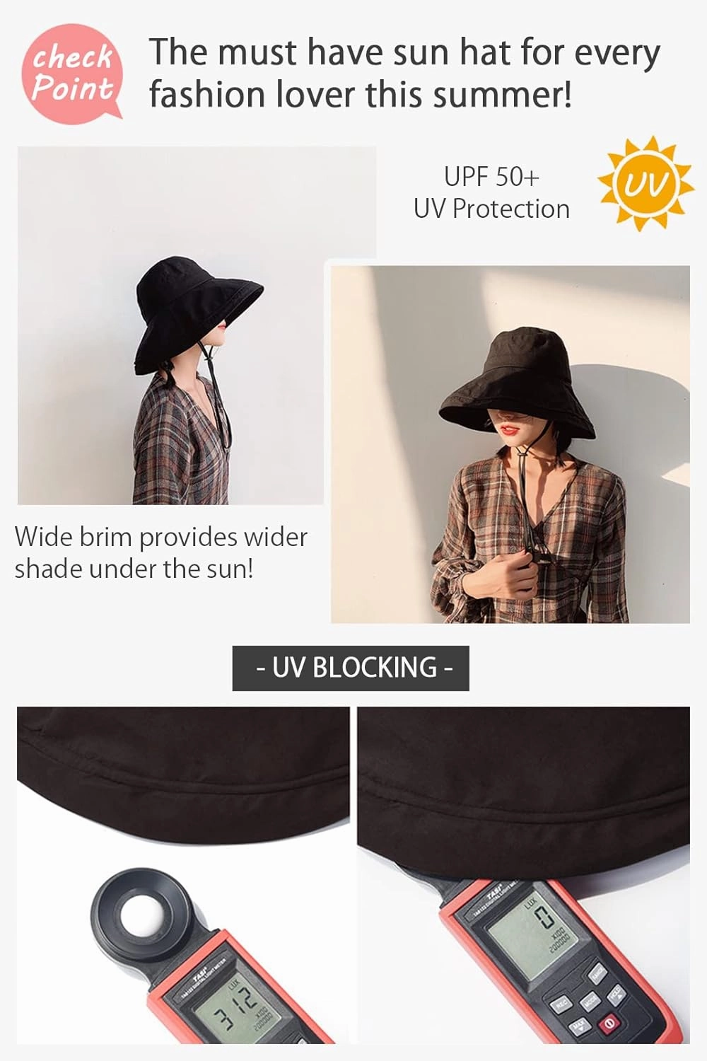 Wide Brim Bucket Hat - UPF50  Protection Travel Beach Sun Hat with Semi-Rigid Adjustable Foldable Brim