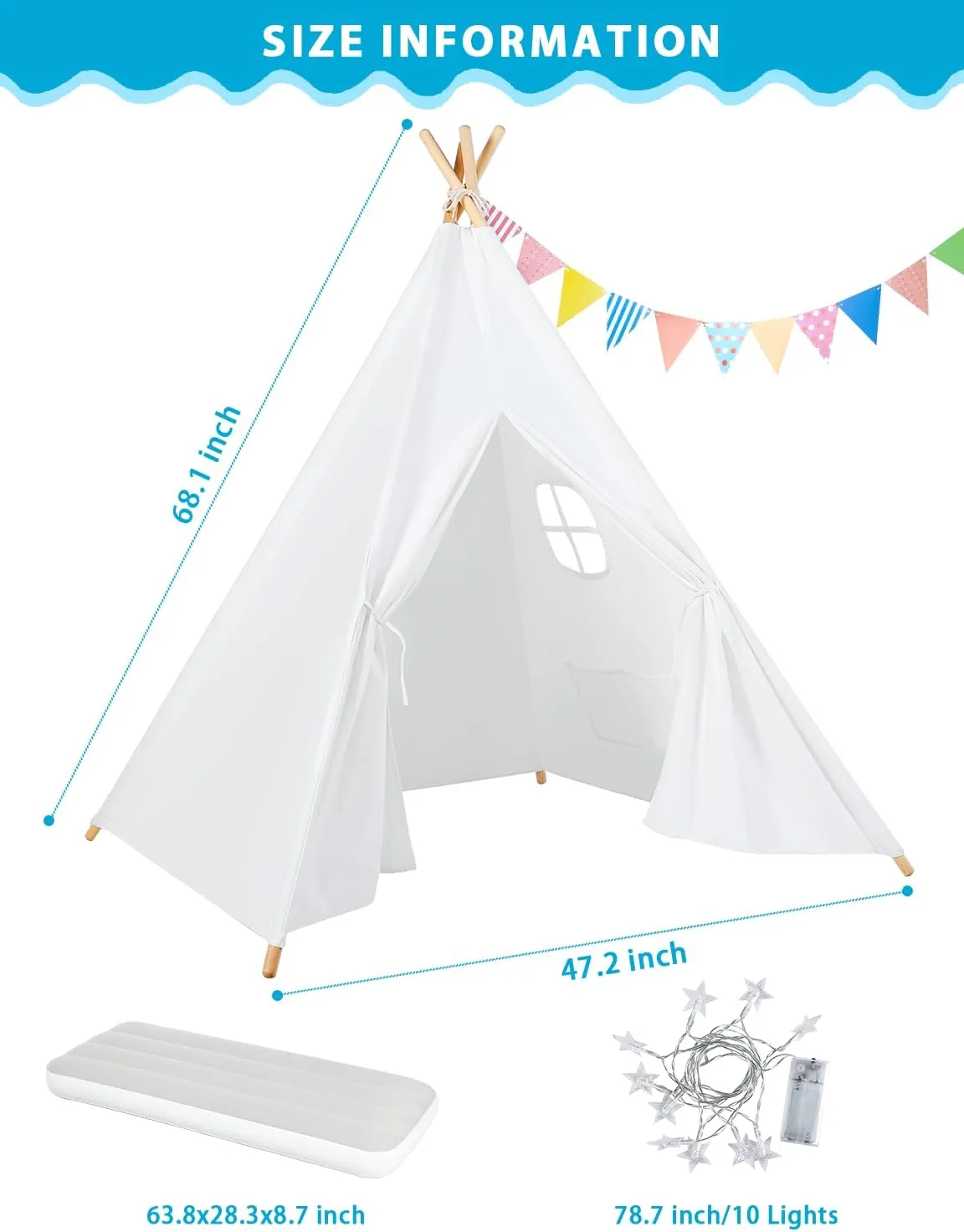 wilwolfer 2 Sets Teepee Tent for Kids with Inflatable Airbed Toddler Play Tent White Foldable Playhouse for Indoor Outdoor Boys Girls Party Sleepover Slumber Gifts Toy