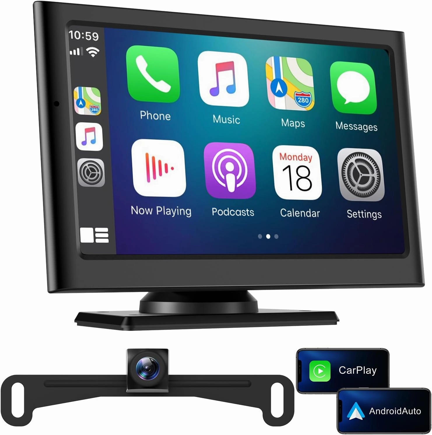 Wireless Apple Carplay Screen for Car:Sunlight Readable HD Touchscreen with Wireless Android Auto,Backup Camera,Portable Carplay with Voice Control,AUX,FM Transmitter for Most Vehicle