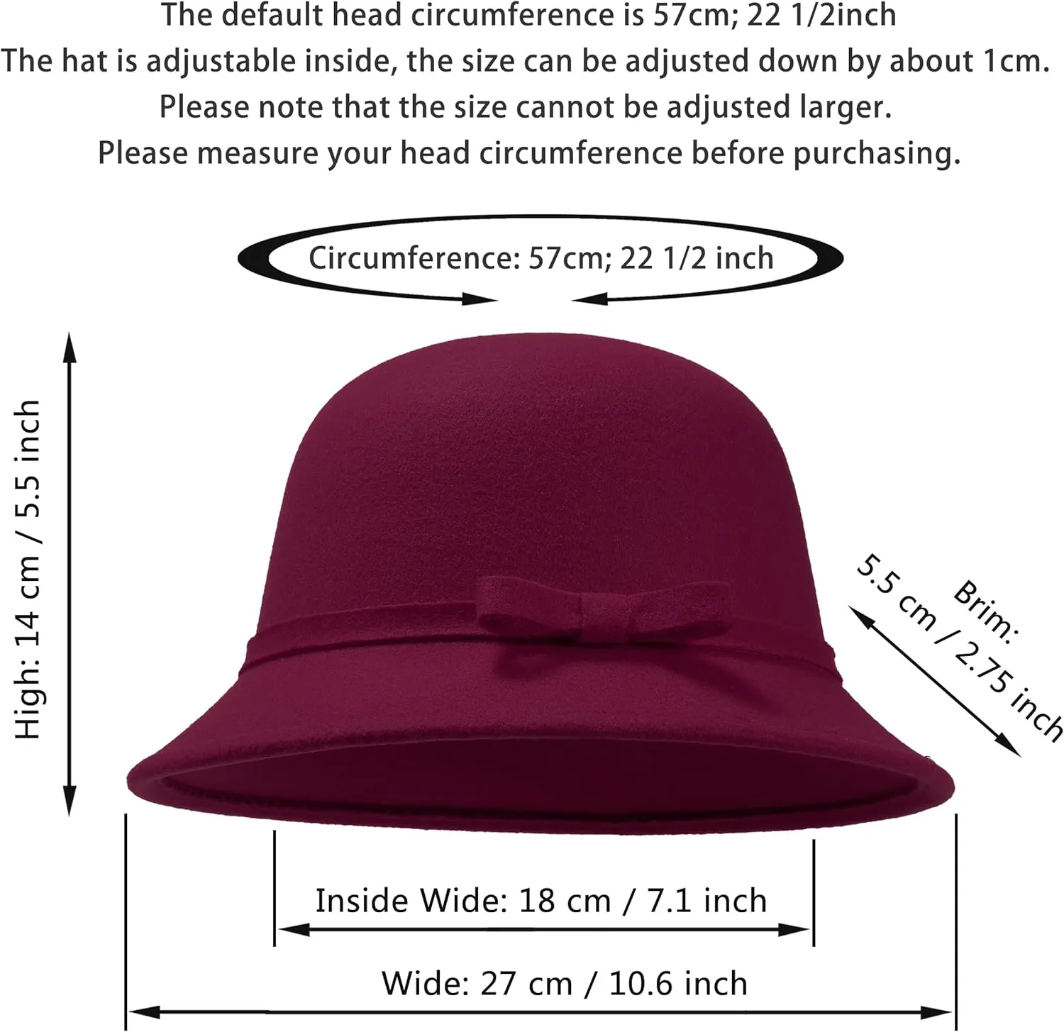 Women Felt Hat, Bucket Hat, Adjustable Vintage Bowler Suede Wool Hat with Bowknot