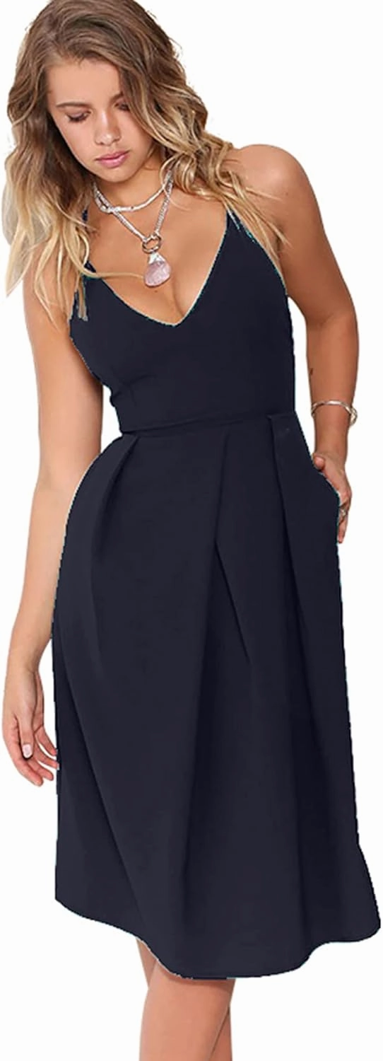 Women's Deep V Neck Adjustable Spaghetti Straps Summer Dress Sleeveless Sexy Backless Party Dresses with Pockets