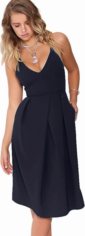 Women's Deep V Neck Adjustable Spaghetti Straps Summer Dress Sleeveless Sexy Backless Party Dresses with Pockets