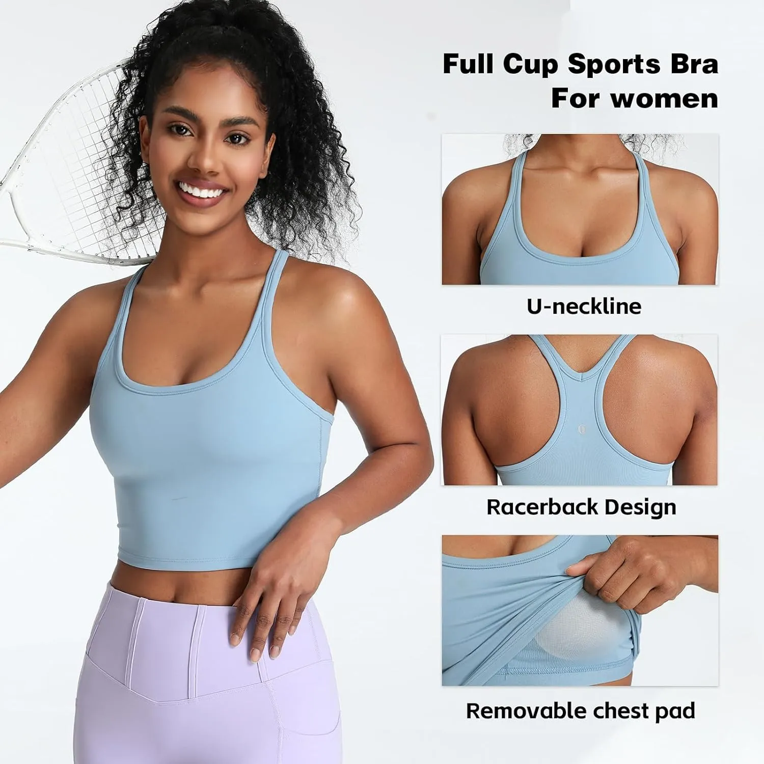 Women's Scoop Neck Racerback Longline Sports Bra, Medium Support with Removable Padded, Crop Tank Yoga Workout Tops