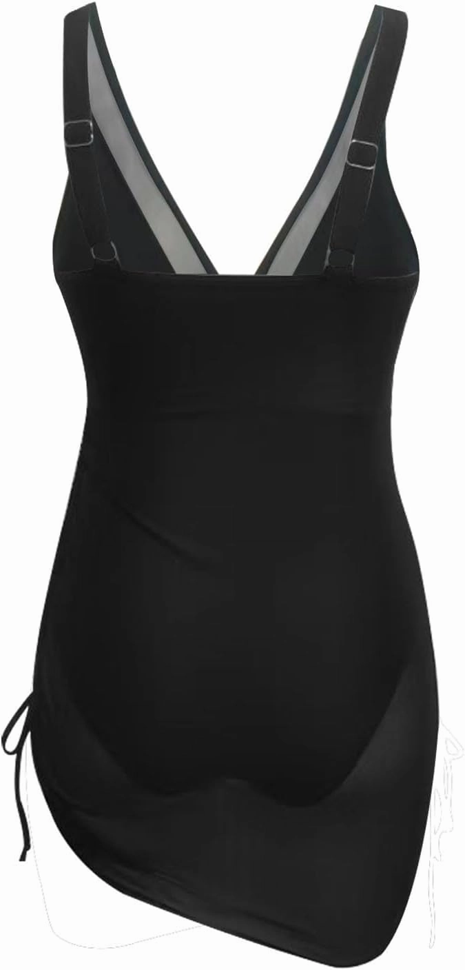 Womens One Piece Swimsuit Tummy Control Bathing Suits Sexy V Neck Slimming Swimdress Sheer Mesh Sarong Wraps Swimwear
