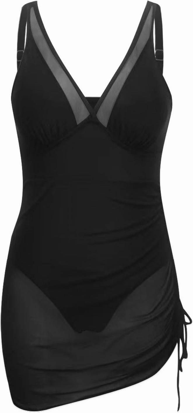 Womens One Piece Swimsuit Tummy Control Bathing Suits Sexy V Neck Slimming Swimdress Sheer Mesh Sarong Wraps Swimwear