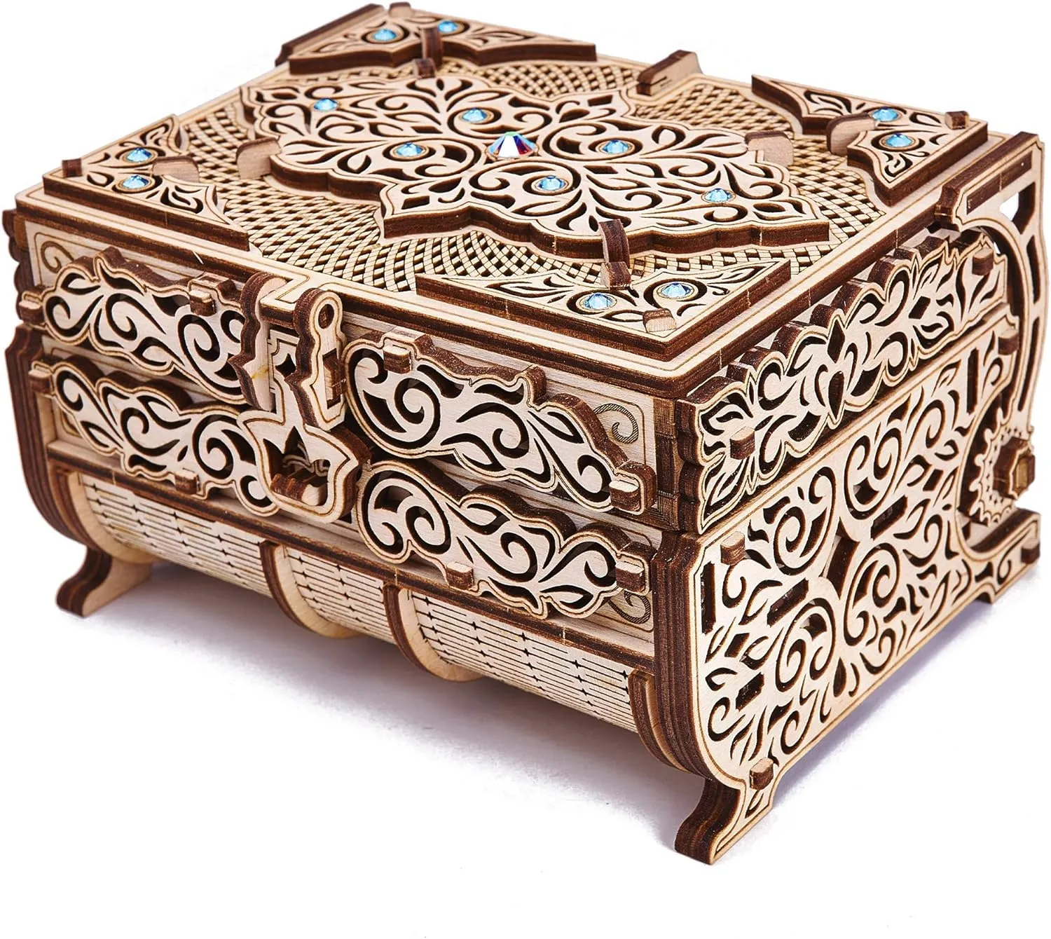 Wood Trick Treasure Puzzle Box for Adults - 3D Wooden Puzzle for Adults and Kids to Build - Cute & Neat Design - with Shimmering Crystals - Store Your Jewelry - Wood Model Kit