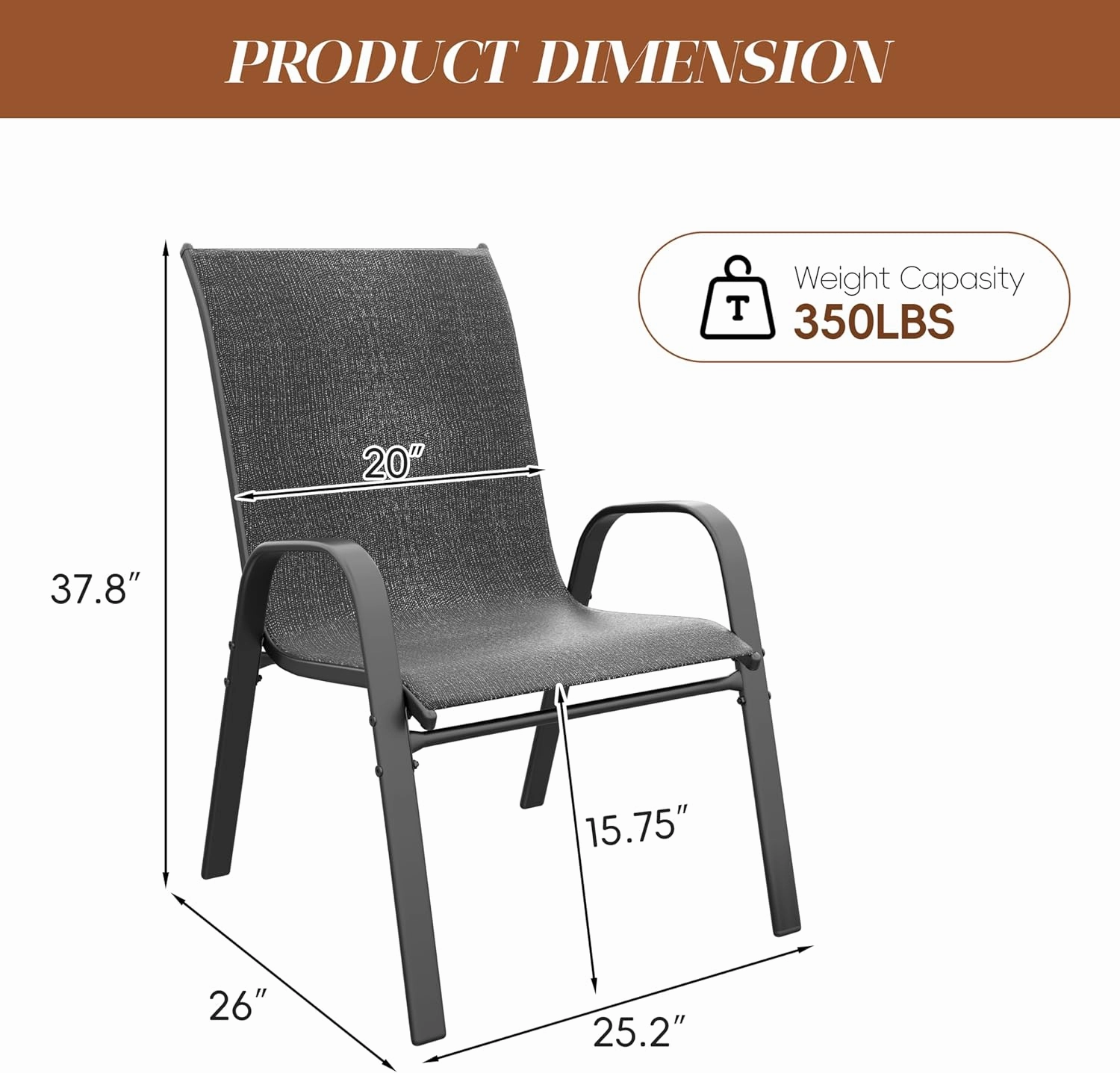 Xilingol Patio Chairs Set of 4, Outdoor Lightweight Stackable Dining Chairs w/All-Weather Textilene Fabric & Metal Frame, 350LBS Capacity, Outdoor Furniture for Pool Deck, Backyard, Garden (Dark Grey)