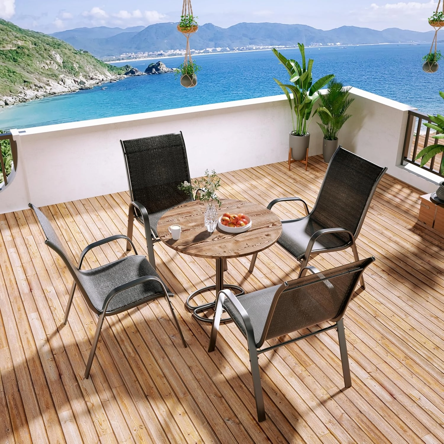 Xilingol Patio Chairs Set of 4, Outdoor Lightweight Stackable Dining Chairs w/All-Weather Textilene Fabric & Metal Frame, 350LBS Capacity, Outdoor Furniture for Pool Deck, Backyard, Garden (Dark Grey)