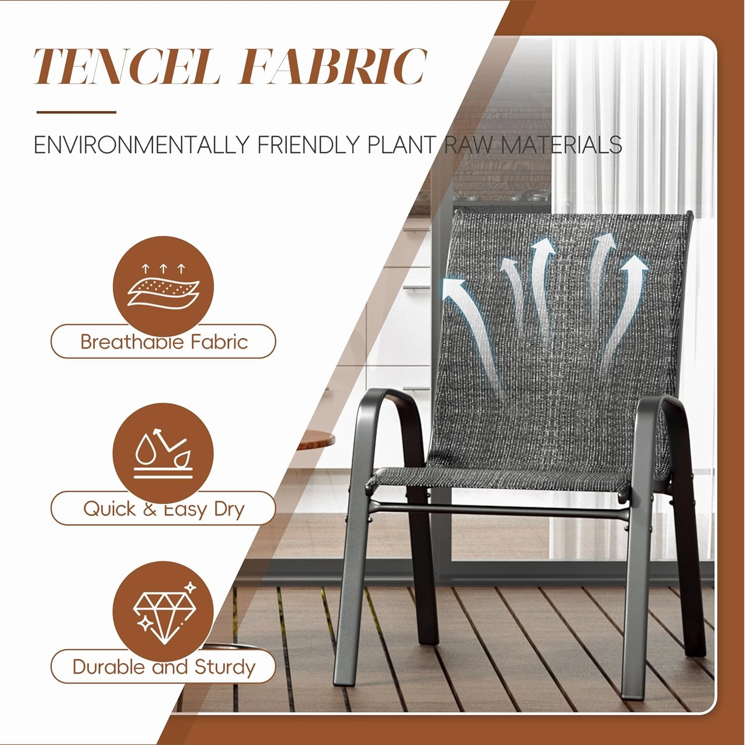 Xilingol Patio Chairs Set of 4, Outdoor Lightweight Stackable Dining Chairs w/All-Weather Textilene Fabric & Metal Frame, 350LBS Capacity, Outdoor Furniture for Pool Deck, Backyard, Garden (Dark Grey)