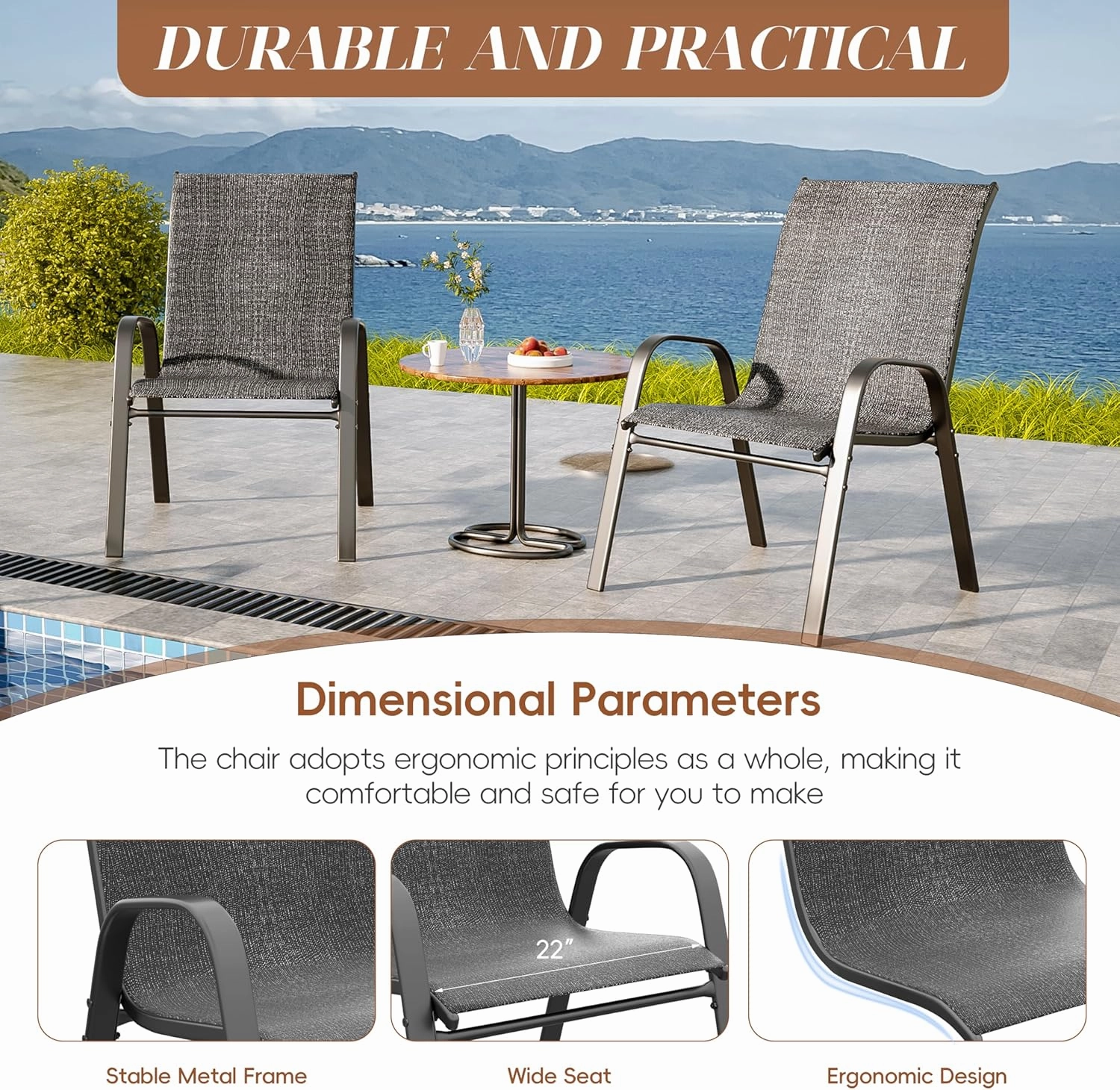 Xilingol Patio Chairs Set of 4, Outdoor Lightweight Stackable Dining Chairs w/All-Weather Textilene Fabric & Metal Frame, 350LBS Capacity, Outdoor Furniture for Pool Deck, Backyard, Garden (Dark Grey)