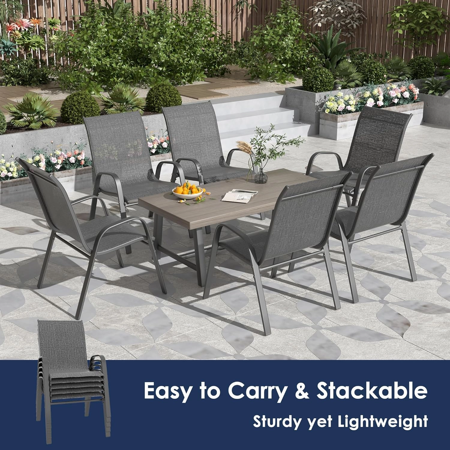 Xilingol Patio Chairs Set of 4, Outdoor Lightweight Stackable Dining Chairs w/All-Weather Textilene Fabric & Metal Frame, 350LBS Capacity, Outdoor Furniture for Pool Deck, Backyard, Garden (Dark Grey)