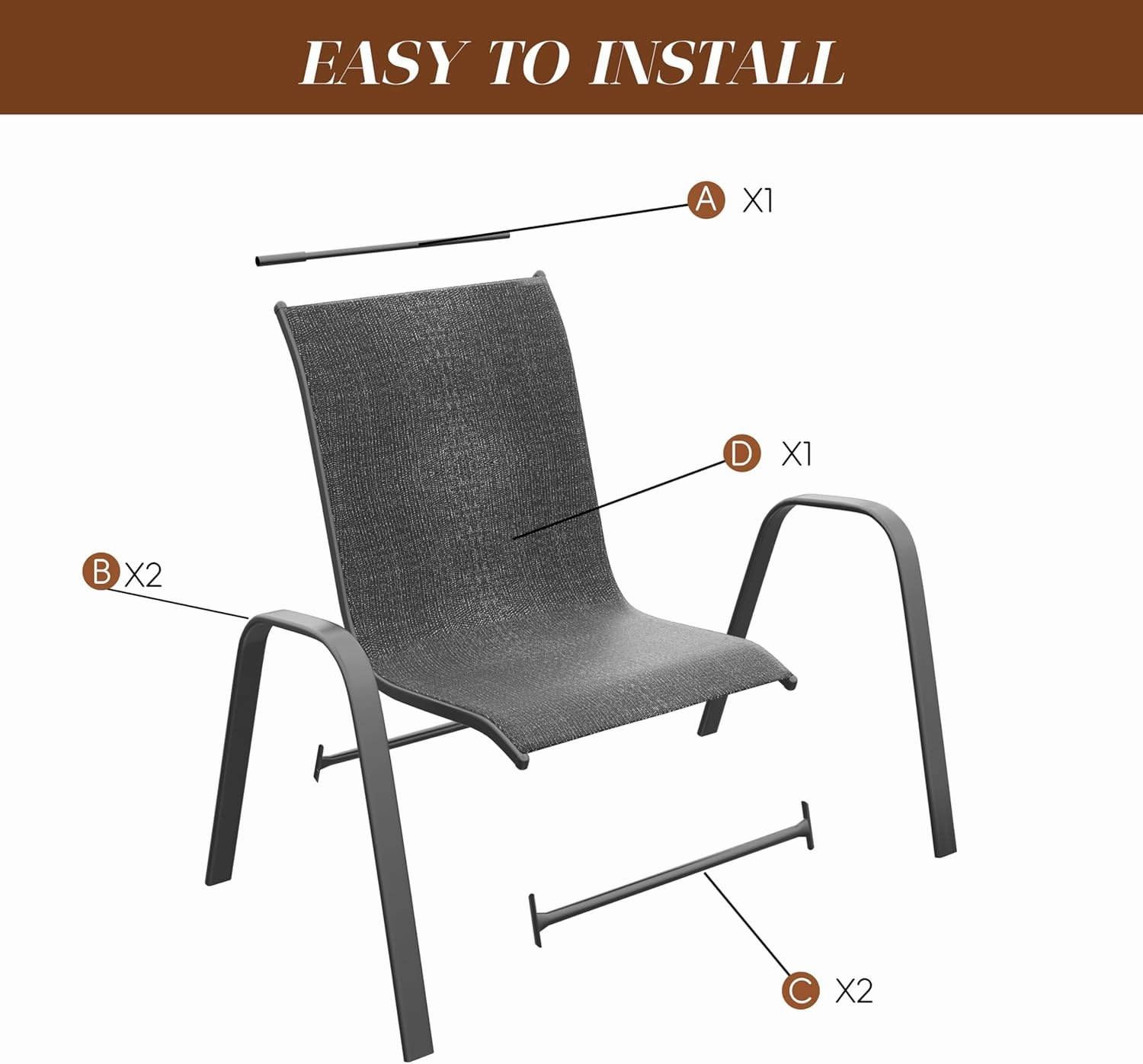 Xilingol Patio Chairs Set of 4, Outdoor Lightweight Stackable Dining Chairs w/All-Weather Textilene Fabric & Metal Frame, 350LBS Capacity, Outdoor Furniture for Pool Deck, Backyard, Garden (Dark Grey)