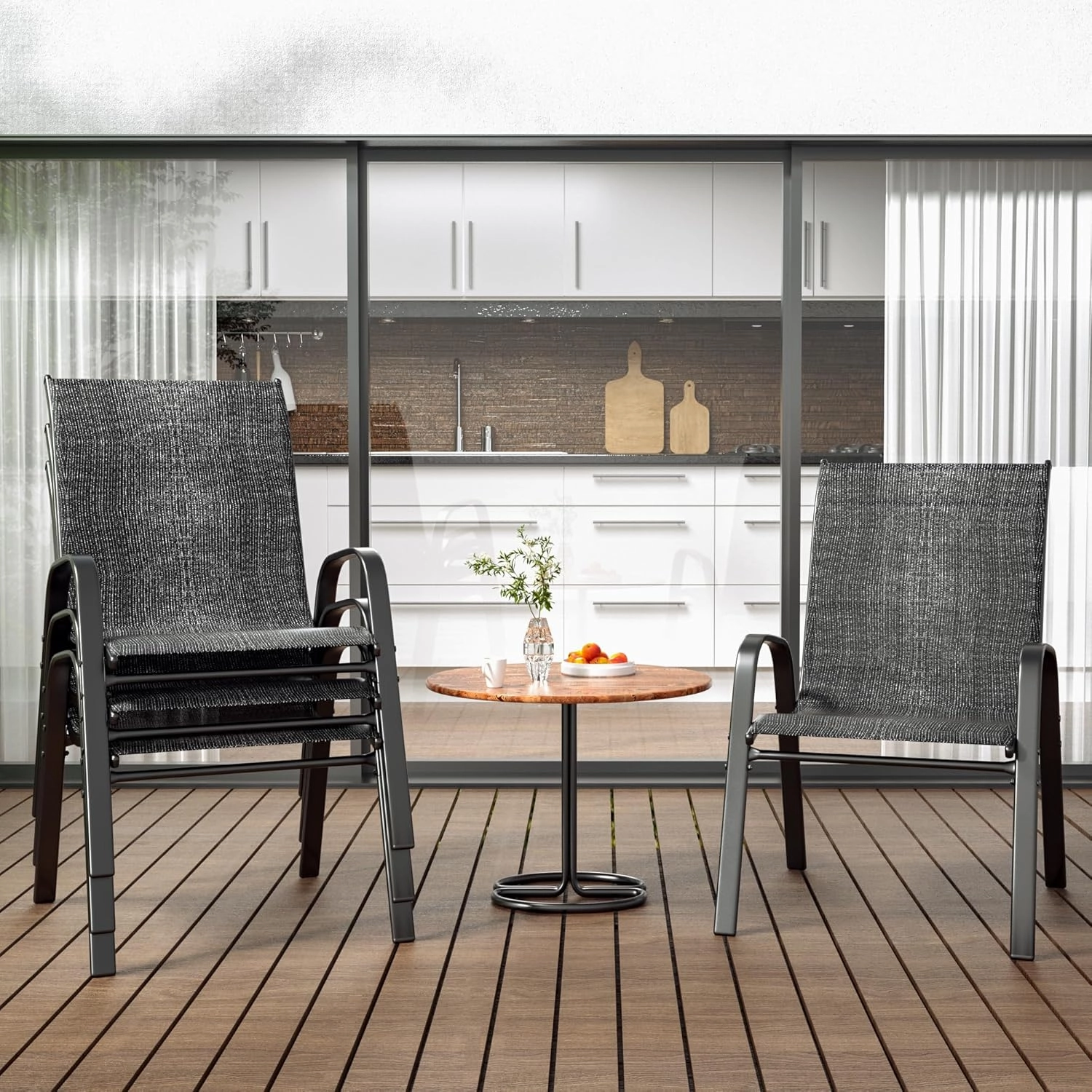 Xilingol Patio Chairs Set of 4, Outdoor Lightweight Stackable Dining Chairs w/All-Weather Textilene Fabric & Metal Frame, 350LBS Capacity, Outdoor Furniture for Pool Deck, Backyard, Garden (Dark Grey)