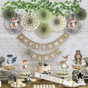 YARA Woodland Baby Shower Decorations Animals Theme For Boy & Girl Decor | Gender Neutral Jungle Safari Bear Forest Party Supplies Kit with Rustic Burlap Welcome Baby Banner, Animal Creatures Cut Outs