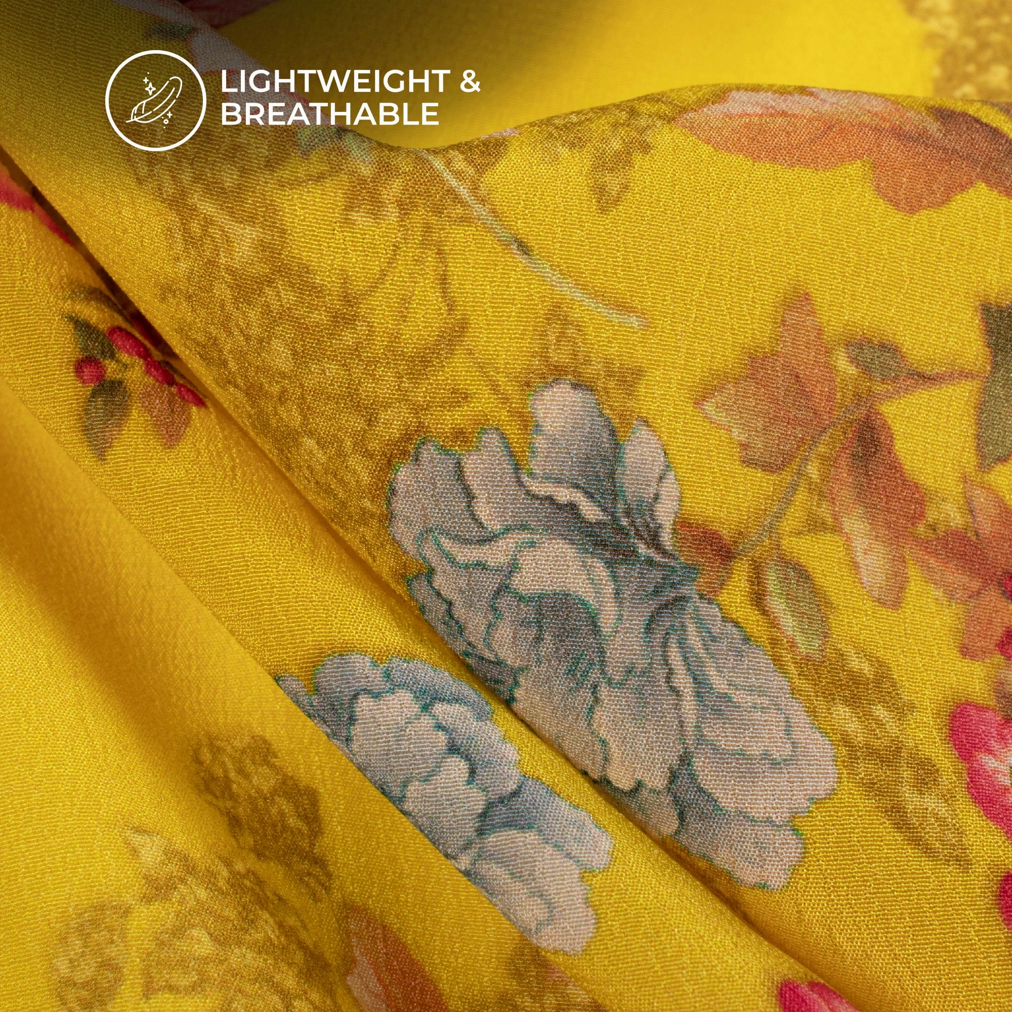 Yellow Floral Pattern Digital Print Viscose Natural Crepe Fabric