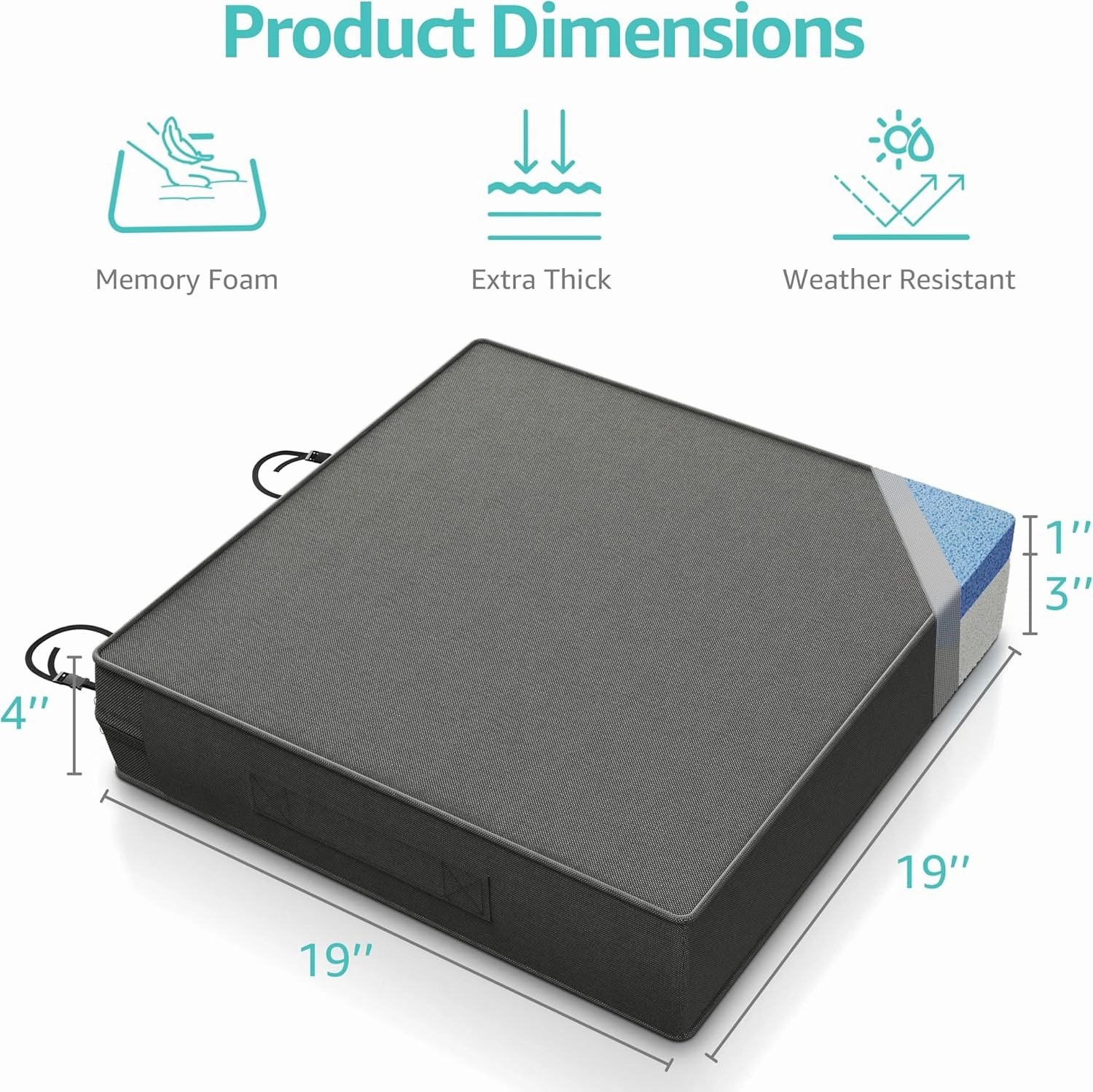 YENING 19x19 Memory Foam Outdoor Chair Cushions Waterproof 4 Inch Extra Thick Patio Seat Pads for Furniture Grey Set of 2