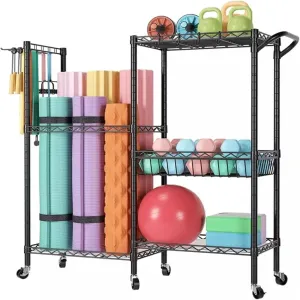 Yoga Mat Storage Rack, 3-Tier Home Gym Storage Holder with Wheels and Hooks for Yoga Mats, Foam Roller, Dumbbells, Kettlebells, and Resistance Bands Black
