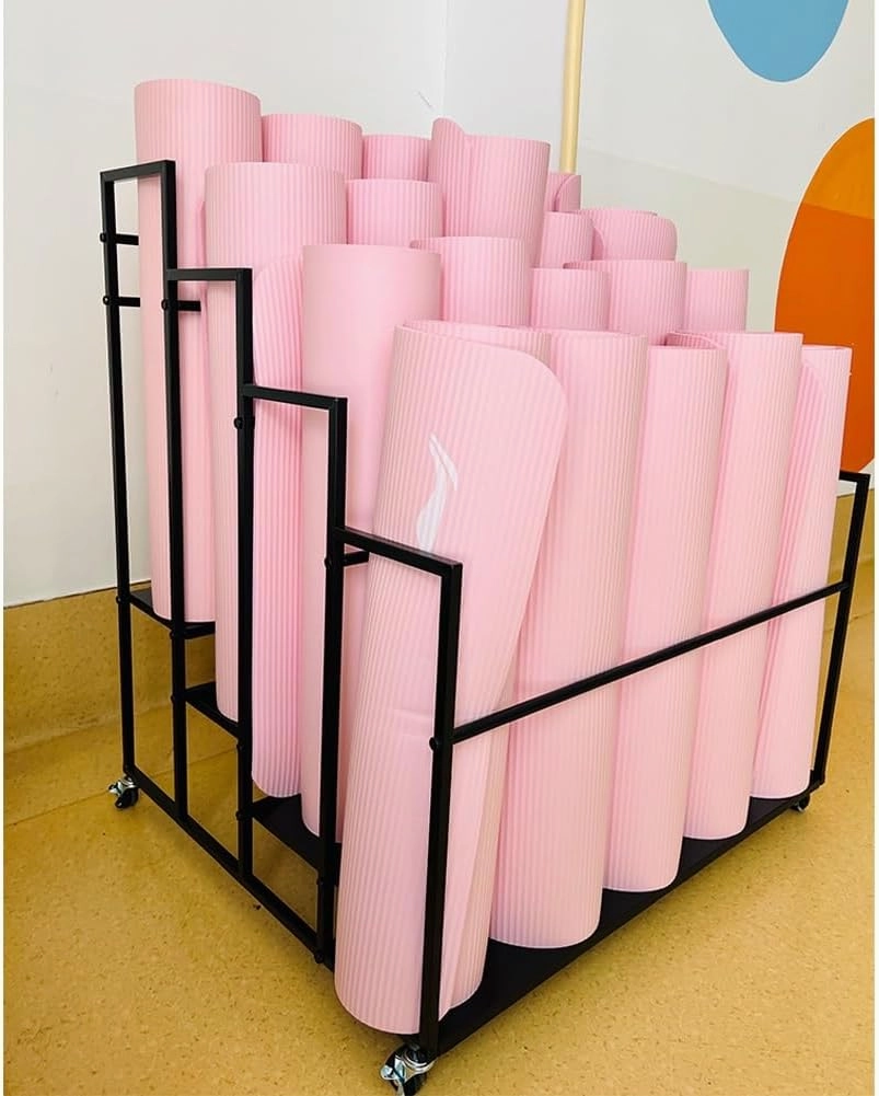 Yoga Mat Holder Basket, Large Yoga Mat Storage Cart with Wheels, Yoga Mat Rack Foam Rollers Organizer, Commercial Rack for Yoga Mat Foam Roller Storage for Gym/Yoga Studio Hold 30 Exercise Mats(Gold,3