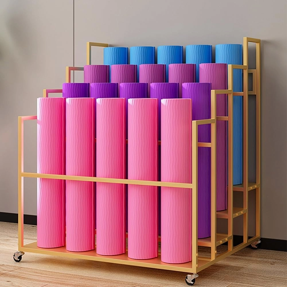 Yoga Mat Holder Basket, Large Yoga Mat Storage Cart with Wheels, Yoga Mat Rack Foam Rollers Organizer, Commercial Rack for Yoga Mat Foam Roller Storage for Gym/Yoga Studio Hold 30 Exercise Mats(Gold,3
