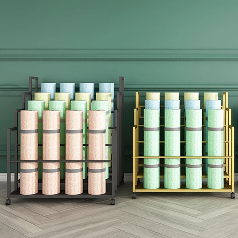 Yoga Mat Holder Basket, Large Yoga Mat Storage Cart with Wheels, Yoga Mat Rack Foam Rollers Organizer, Commercial Rack for Yoga Mat Foam Roller Storage for Gym/Yoga Studio Hold 30 Exercise Mats(Gold,3