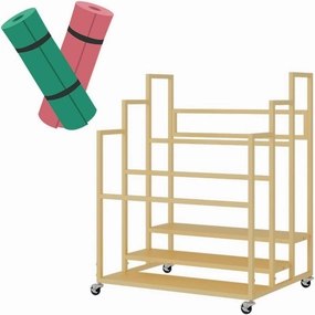 Yoga Mat Holder Basket, Large Yoga Mat Storage Cart with Wheels, Yoga Mat Rack Foam Rollers Organizer, Commercial Rack for Yoga Mat Foam Roller Storage for Gym/Yoga Studio Hold 30 Exercise Mats(Gold,3