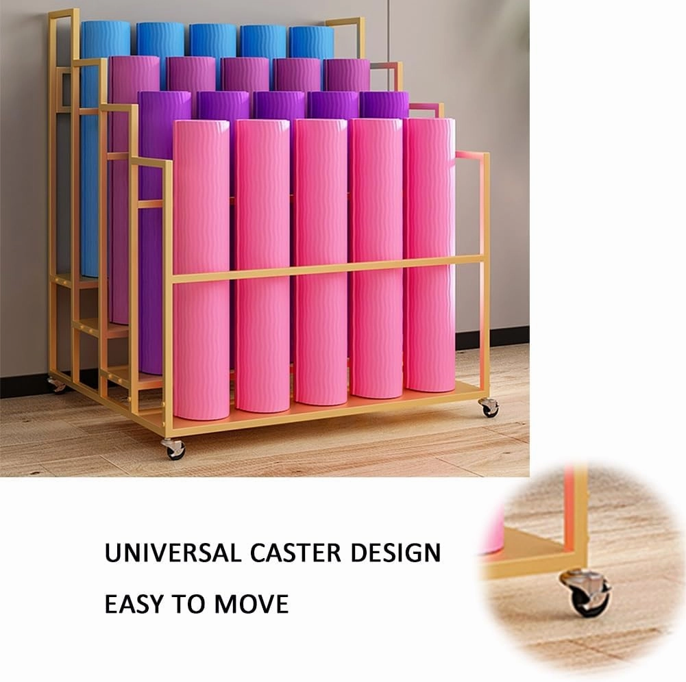 Yoga Mat Holder Basket, Large Yoga Mat Storage Cart with Wheels, Yoga Mat Rack Foam Rollers Organizer, Commercial Rack for Yoga Mat Foam Roller Storage for Gym/Yoga Studio Hold 30 Exercise Mats(Gold,3
