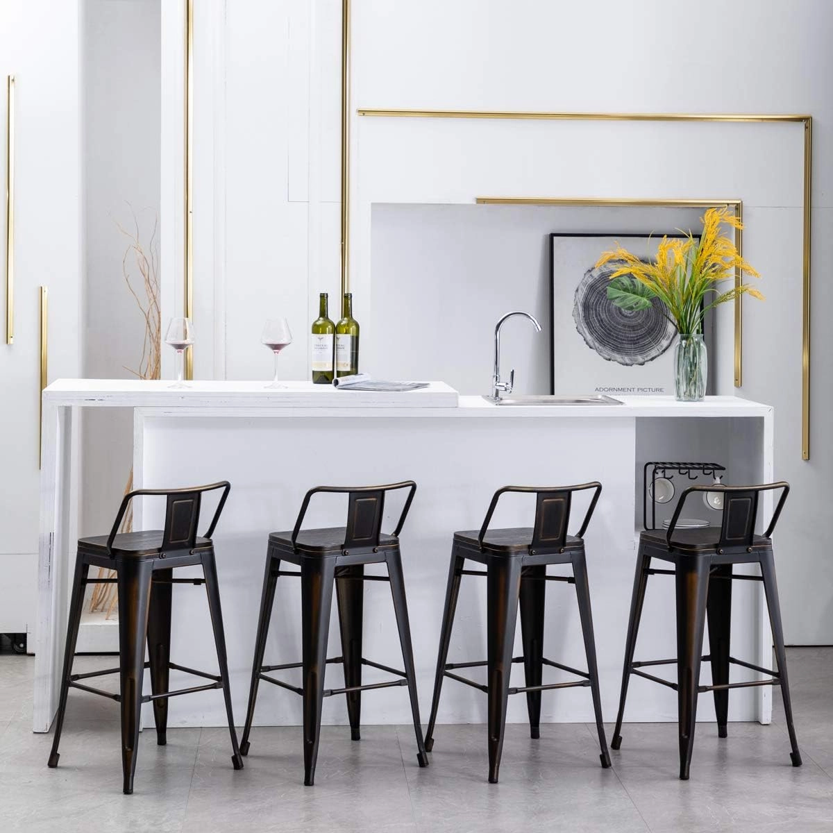 Yongchuang 24" Swivel Bar Stools Set of 4 Counter Height Stools with Backs Wood Seat Industrial Low Back Metal Barstools Bar Chairs Distressed Gold