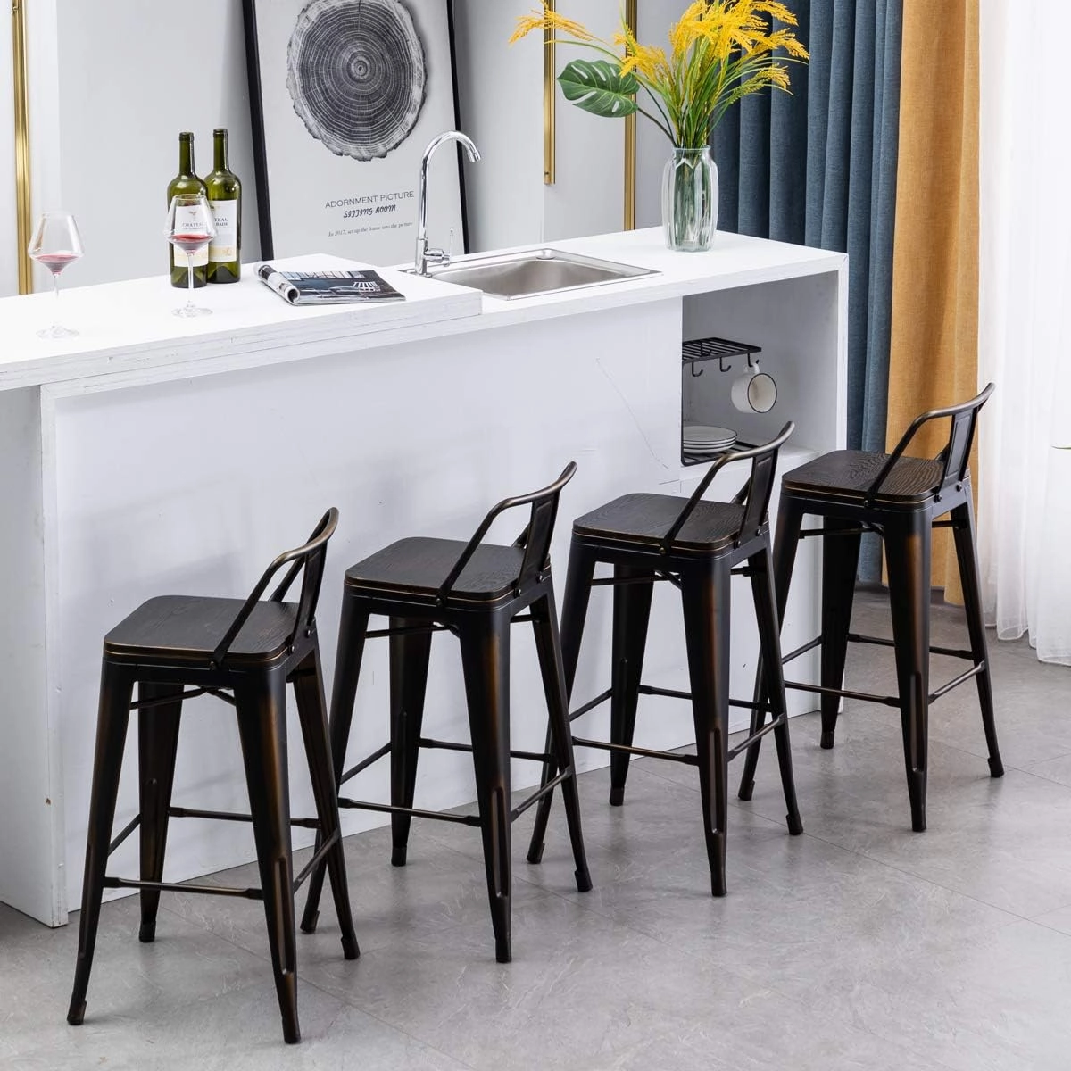 Yongchuang 24" Swivel Bar Stools Set of 4 Counter Height Stools with Backs Wood Seat Industrial Low Back Metal Barstools Bar Chairs Distressed Gold