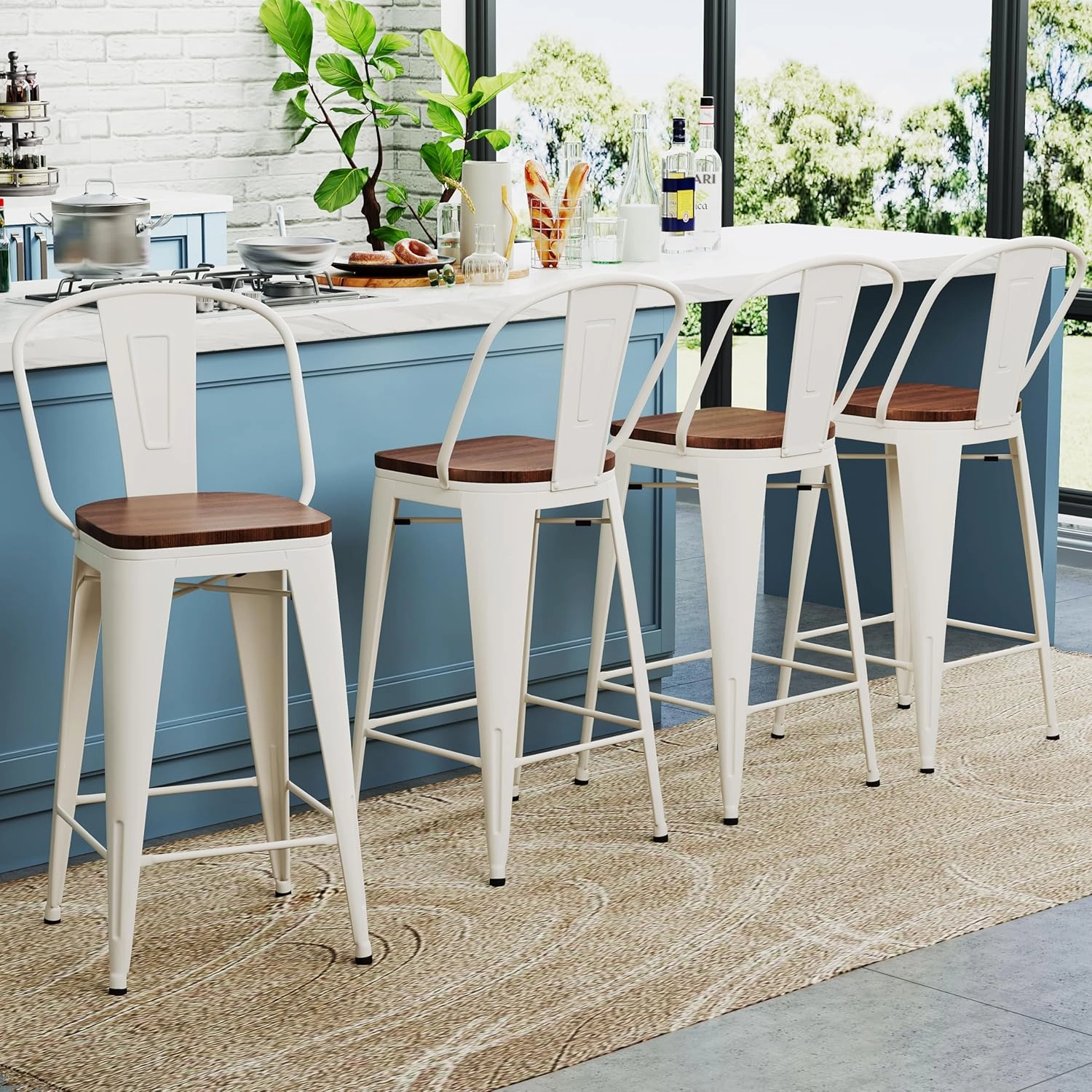 Yongqiang 26 inch Metal Bar Stools Set of 4 Farmhouse Kitchen Island Counter Height Bar Chairs High Back Barstools with Large Wooden Seat Cream White