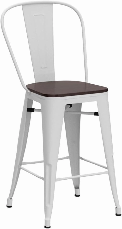 Yongqiang 26 inch Metal Bar Stools Set of 4 Farmhouse Kitchen Island Counter Height Bar Chairs High Back Barstools with Large Wooden Seat Cream White