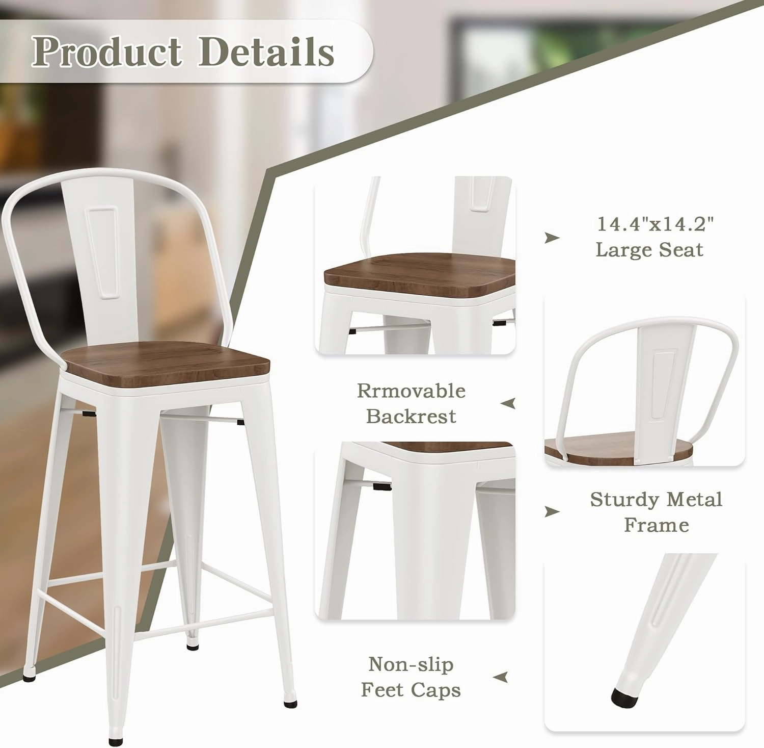 Yongqiang 26 inch Metal Bar Stools Set of 4 Farmhouse Kitchen Island Counter Height Bar Chairs High Back Barstools with Large Wooden Seat Cream White