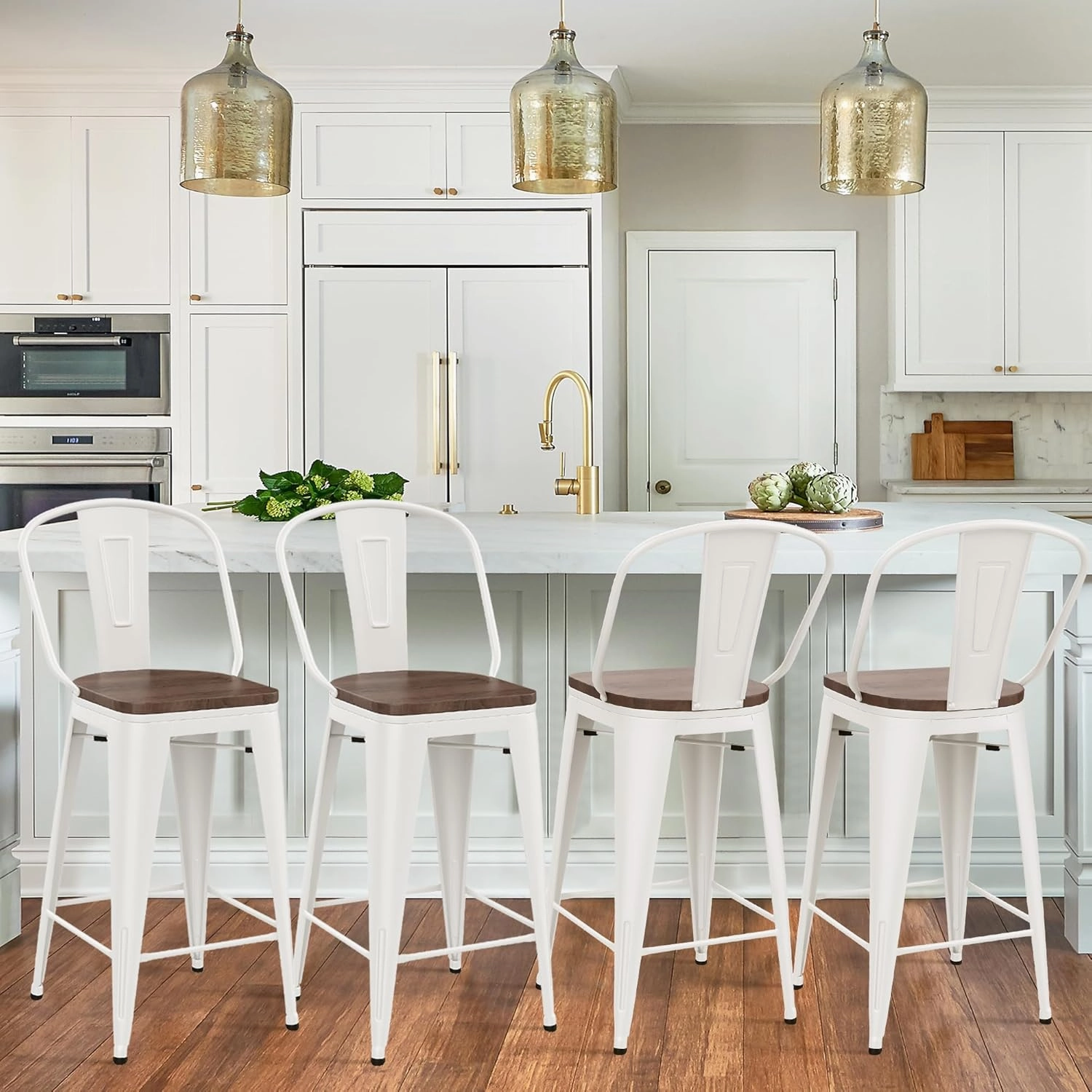Yongqiang 26 inch Metal Bar Stools Set of 4 Farmhouse Kitchen Island Counter Height Bar Chairs High Back Barstools with Large Wooden Seat Cream White