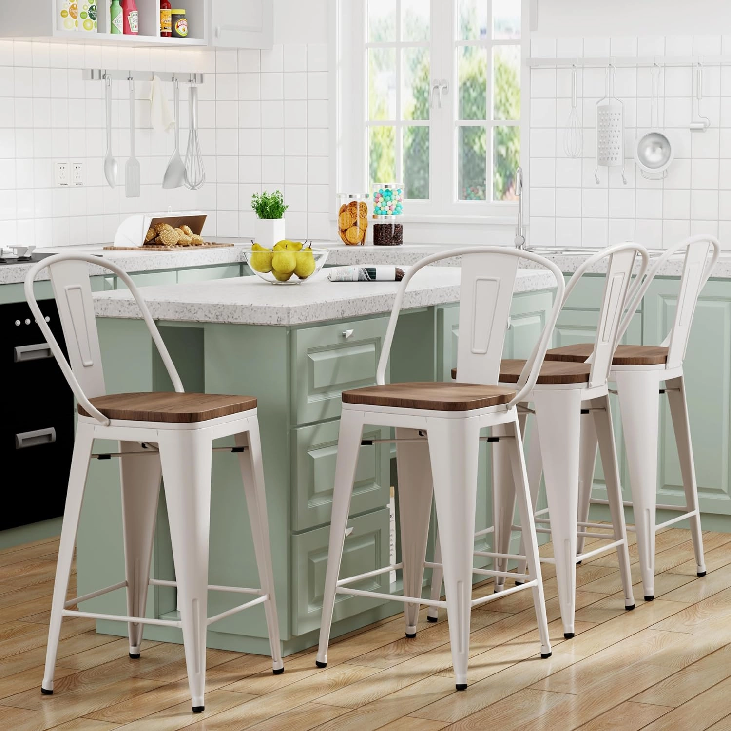 Yongqiang 26 inch Metal Bar Stools Set of 4 Farmhouse Kitchen Island Counter Height Bar Chairs High Back Barstools with Large Wooden Seat Cream White