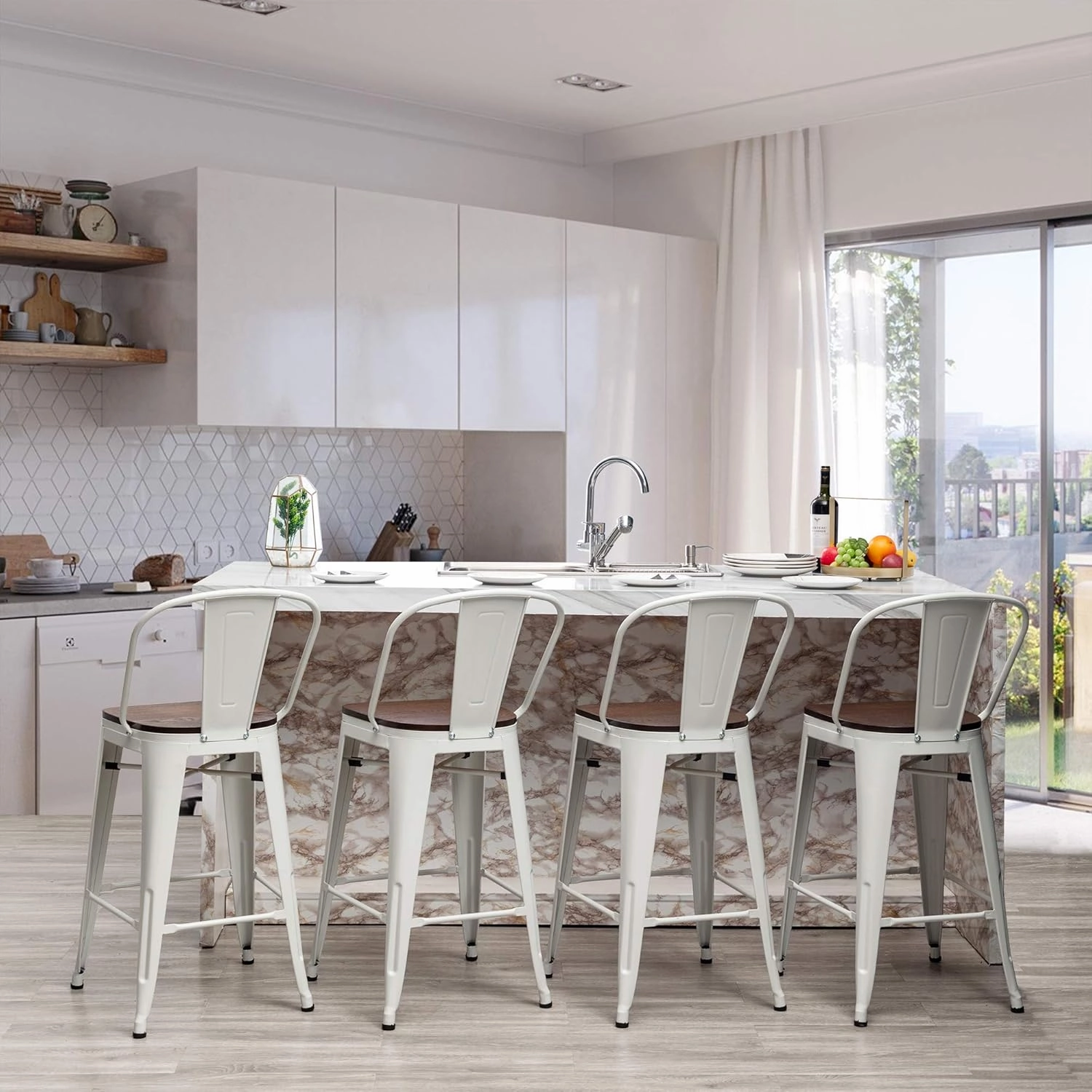 Yongqiang 26 inch Metal Bar Stools Set of 4 Farmhouse Kitchen Island Counter Height Bar Chairs High Back Barstools with Large Wooden Seat Cream White