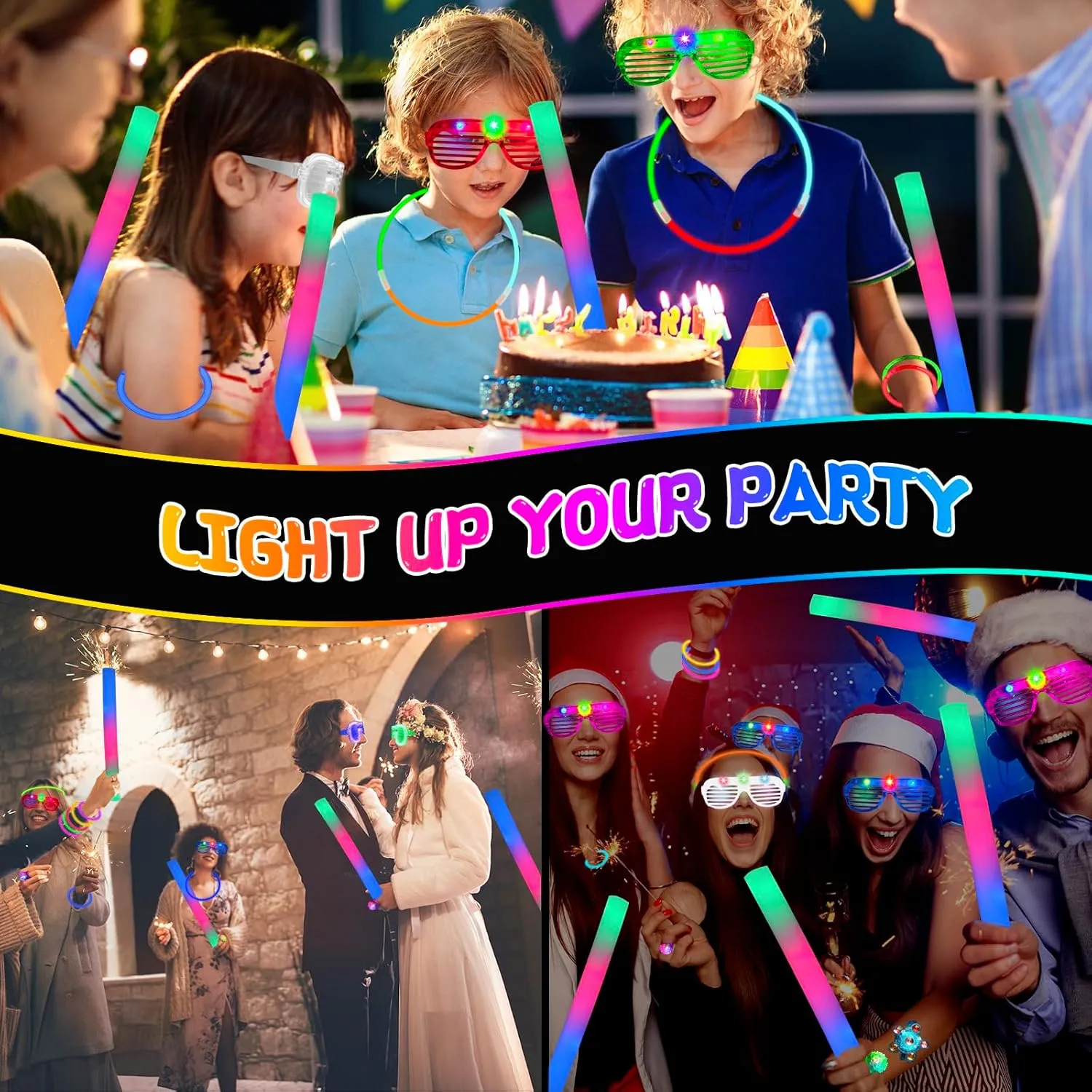 yuzshin 240PCS Glow in the Dark Party Supplies, Glow Sticks Bulk Party Pack, 10PCS Foam Glow Stick, 10PCS LED Glasses, Light Up Rings, LED Light Up Fidget Spinner Bracelets, 200PCS Glow Sticks
