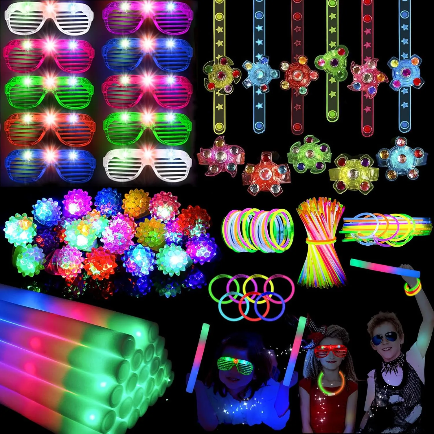 yuzshin 240PCS Glow in the Dark Party Supplies, Glow Sticks Bulk Party Pack, 10PCS Foam Glow Stick, 10PCS LED Glasses, Light Up Rings, LED Light Up Fidget Spinner Bracelets, 200PCS Glow Sticks