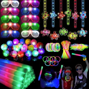 yuzshin 240PCS Glow in the Dark Party Supplies, Glow Sticks Bulk Party Pack, 10PCS Foam Glow Stick, 10PCS LED Glasses, Light Up Rings, LED Light Up Fidget Spinner Bracelets, 200PCS Glow Sticks