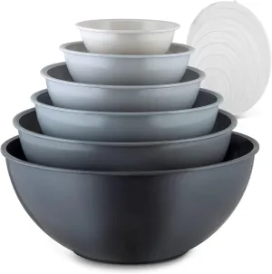 Zulay Kitchen 12 Piece Plastic Mixing Bowls with Lids Set - Colorful Nesting Bowls with Lids Set, 6 Prep Bowls and 6 Lids - Microwave and Freezer Safe For Kitchen (Gray Ombre)
