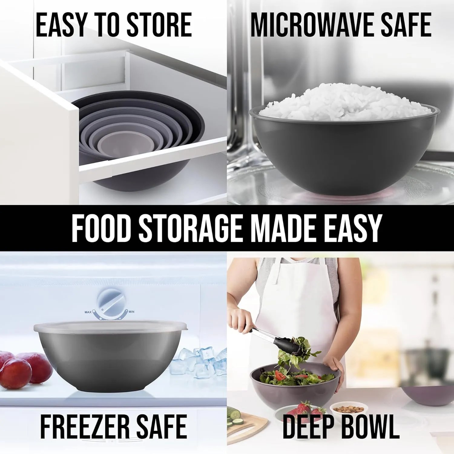 Zulay Kitchen 12 Piece Plastic Mixing Bowls with Lids Set - Colorful Nesting Bowls with Lids Set, 6 Prep Bowls and 6 Lids - Microwave and Freezer Safe For Kitchen (Gray Ombre)