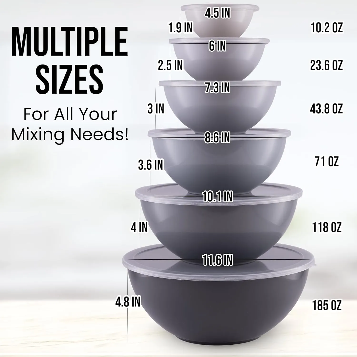 Zulay Kitchen 12 Piece Plastic Mixing Bowls with Lids Set - Colorful Nesting Bowls with Lids Set, 6 Prep Bowls and 6 Lids - Microwave and Freezer Safe For Kitchen (Gray Ombre)